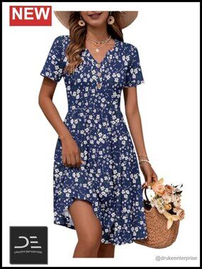 Women V Neck Button Down Empire Waist Midi Summer Dress with Pockets